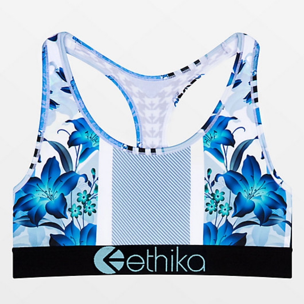 Ethika Ceramic Luxe Sport Bra Blue Floral Racerback Athletic Sporty Small